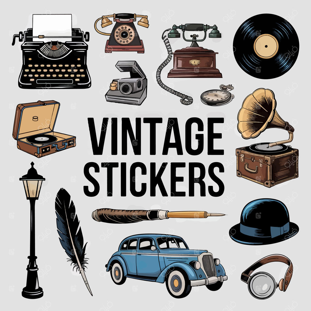 مجموعه‌ای از برچسب‌های وینتج شامل اشیاء قدیمی
