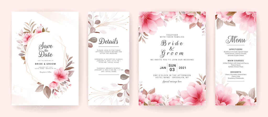 مجموعه قالب کارت دعوت عروسی با قاب و حاشیه گل‌های قهوه‌ای.