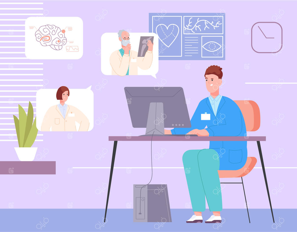 وکتور کنفرانس ویدیویی پزشکان، جلسه کاری آنلاین و آموزش پزشکی پشت میز کامپیوتر