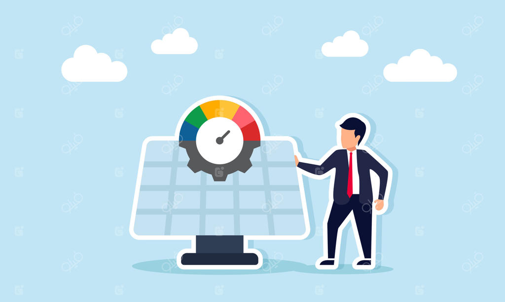 تاجر در کنار پنل خورشیدی با شاخص عملکرد نیروگاه تجدیدپذیر ایستاده است