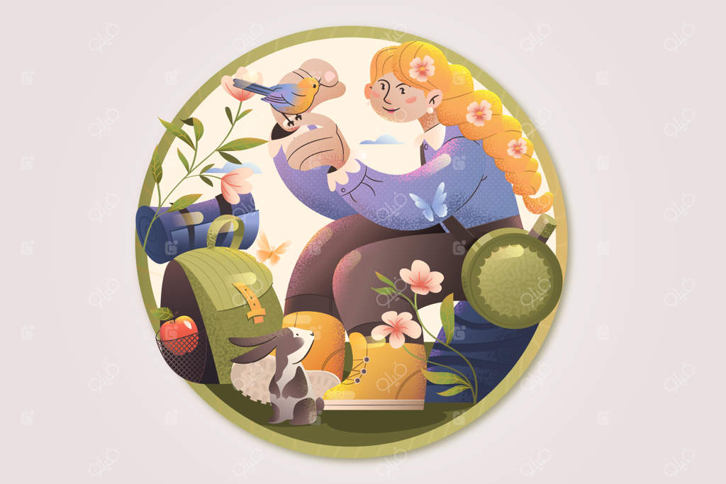 دختر زیبایی در پرتوهای خورشید غروب بر روی چمن نشسته است