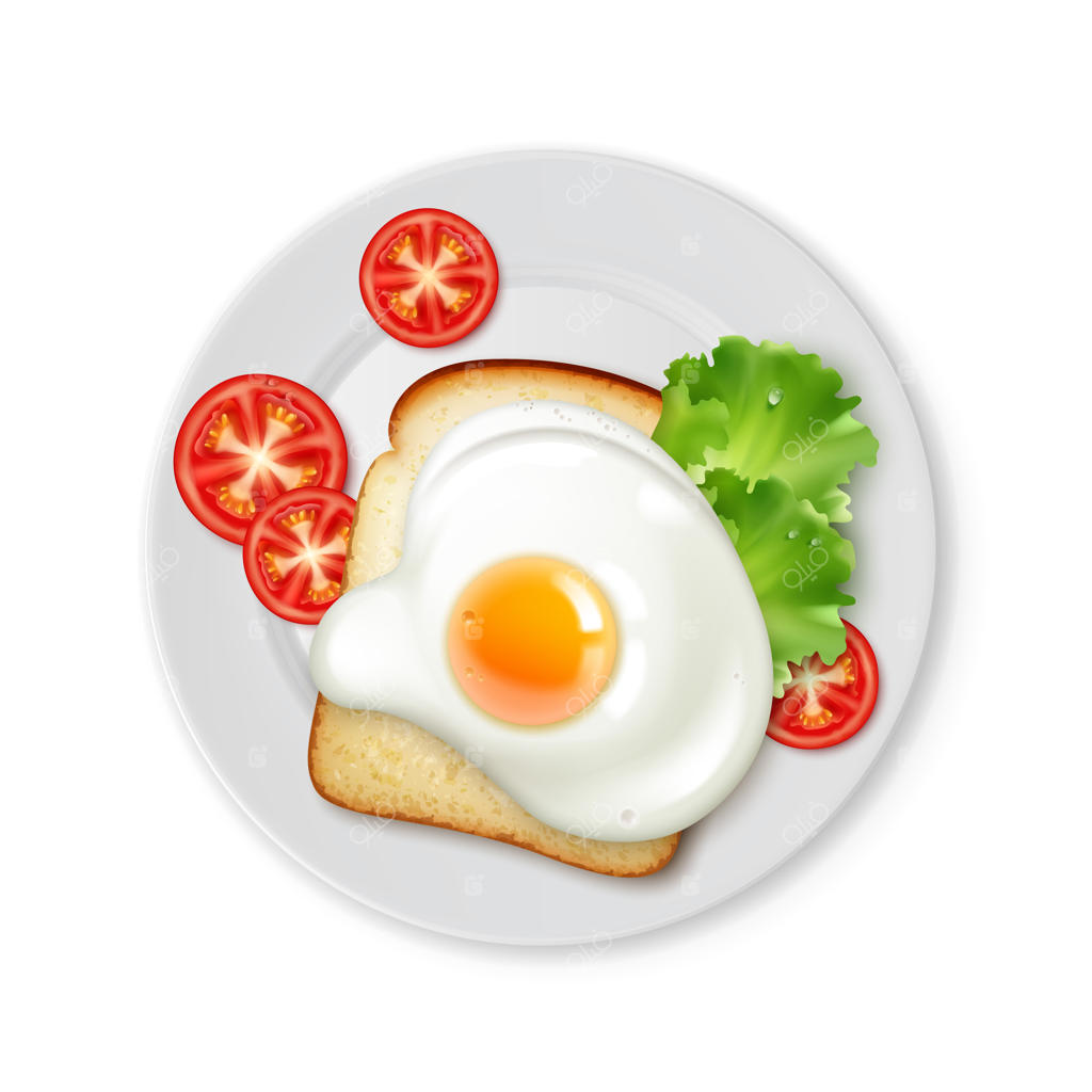 تصویر صبحانه شامل نمای بالا از تخم‌مرغ نیمرو بر روی نان تست با برش‌های گوجه‌فرنگی در بشقابی روی زمینه سفید