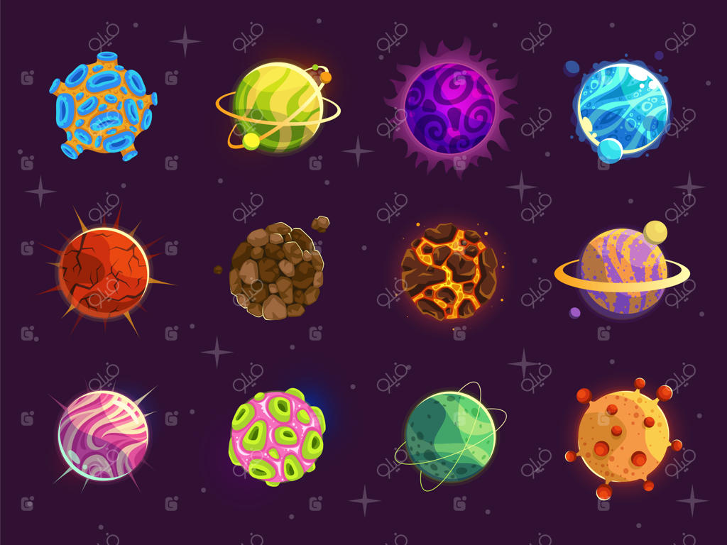 سیارات فانتزی کارتونی: مجموعه‌ای متنوع از سیارات رنگارنگ در پس‌زمینه فضایی، استیکرهای اجرام نجومی، کهکشان‌های کیهانی و دنیای فانتزی بازی - مجموعه‌ای از وکتورهای کارتونی