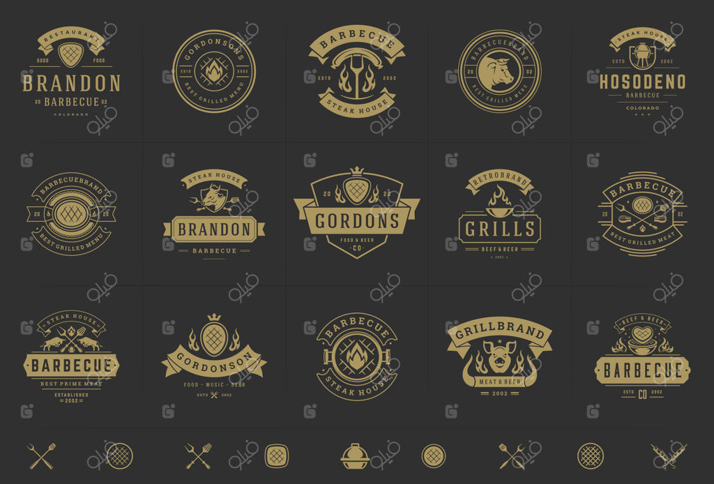 مجموعه لوگوهای گریل و باربیکیو: نشان‌های منوی استیک‌هاوس یا رستوران با سیلوئت غذاهای باربیکیو
