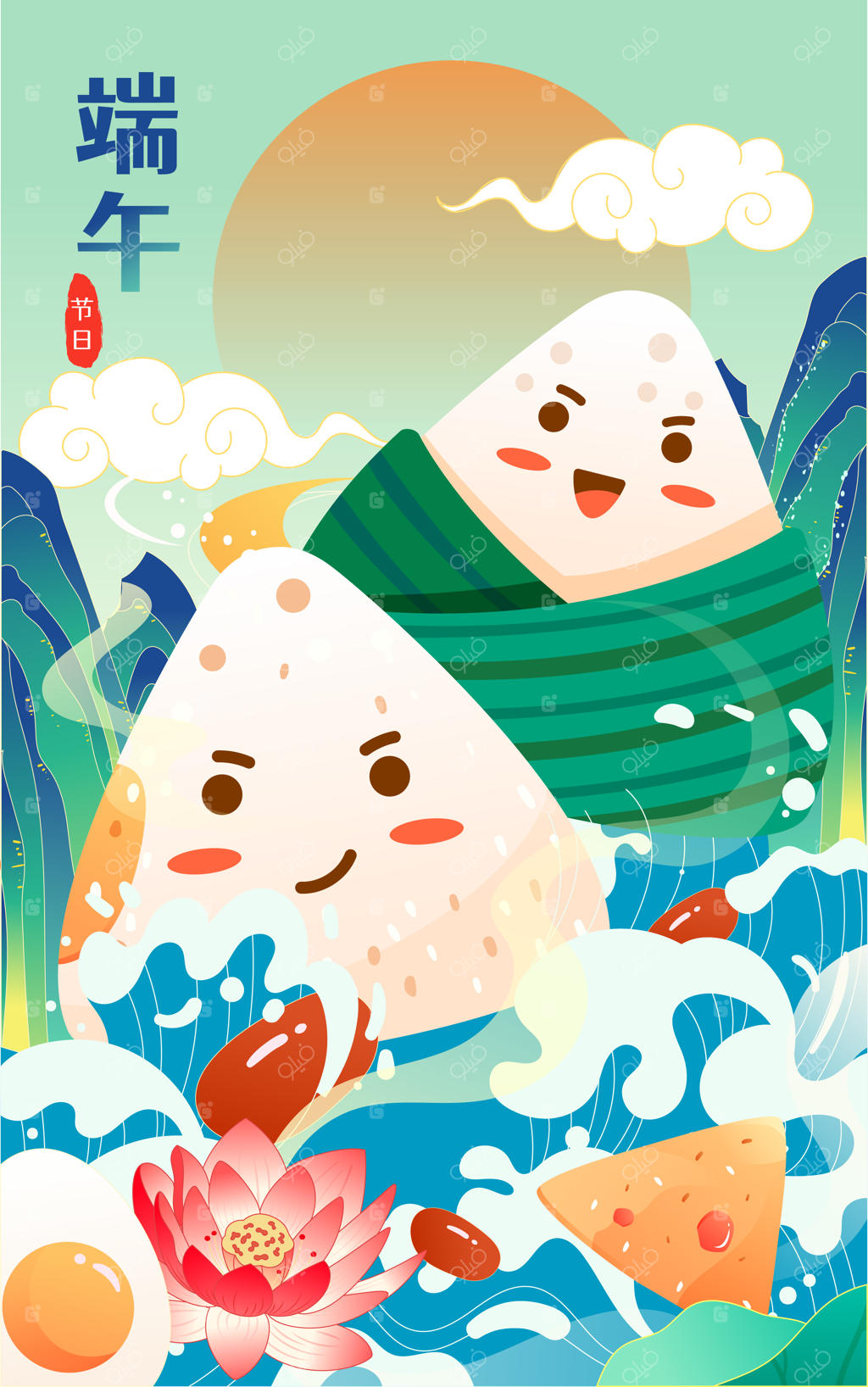 جشنواره قایق اژدها با یادبود چو یوآن و موج‌ها و قله‌های کوه در پس‌زمینه (وکتور)