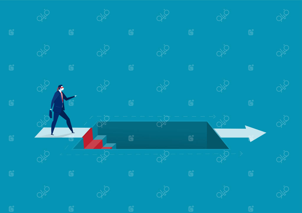 تاجر با چشم‌بند در حال حرکت در مسیر پیکان، طراحی ساده