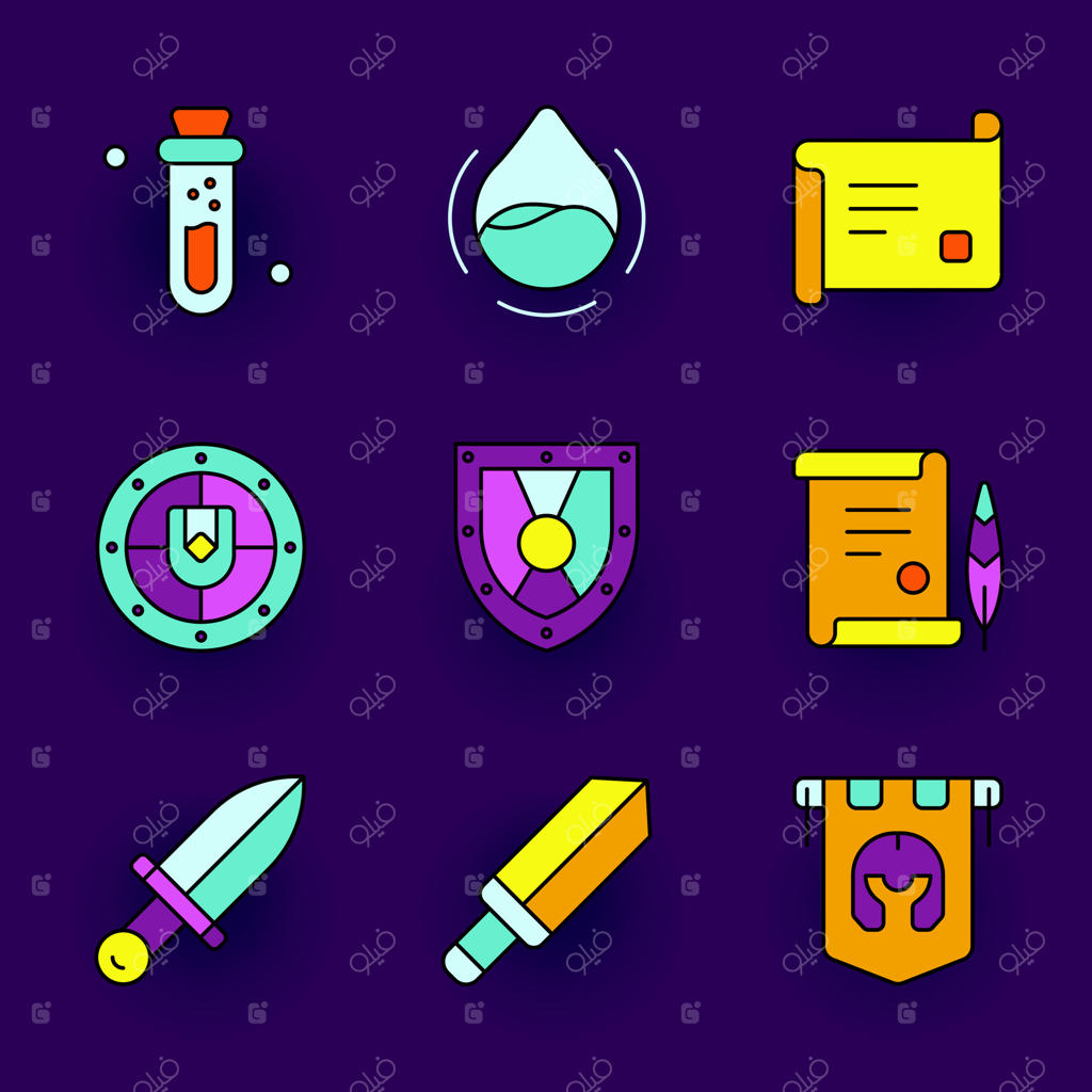 آیکون‌های رنگارنگ از عناصر و ابزارهای فانتزی