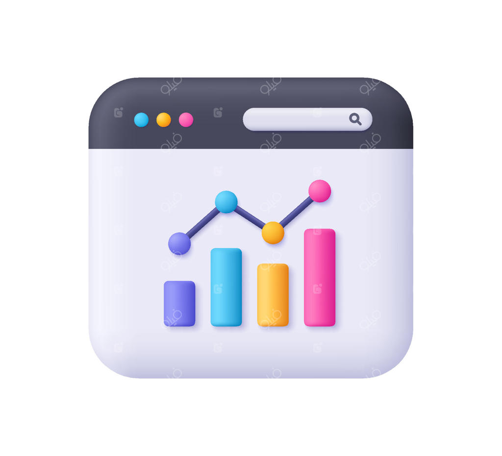 نمودار رشد و وب‌سایت با ستون‌ها و پیکان رو به بالا. بازار مالی، تحلیل داده و مفهوم کسب‌وکار. نماد سه‌بعدی به سبک کارتونی و ساده.