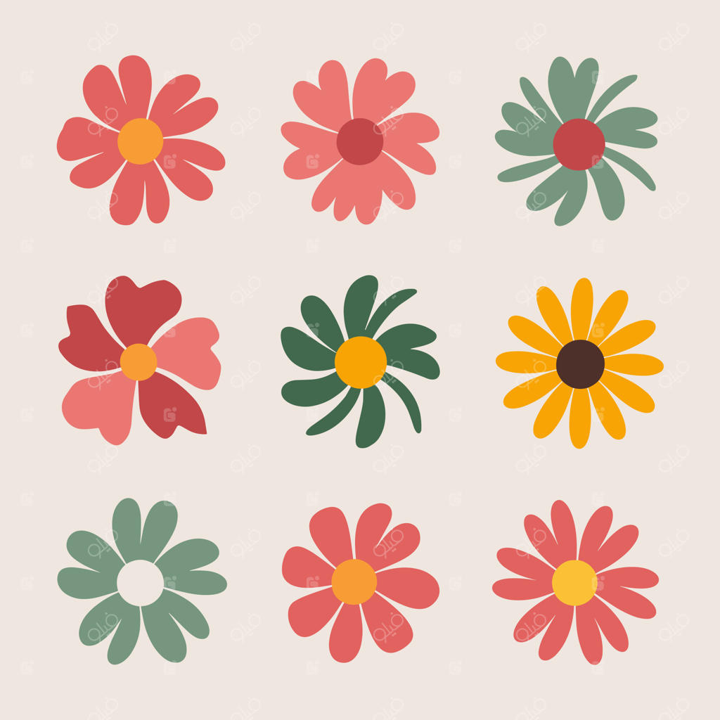 طرح گل‌دار رنگارنگ با گل‌های متنوع تزئینی در پس‌زمینه خنثی