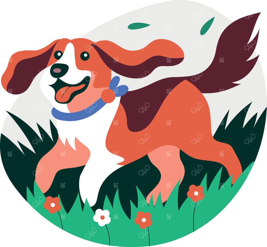 تصویرسازی تخت از سگی شاد در حال دویدن در باغ