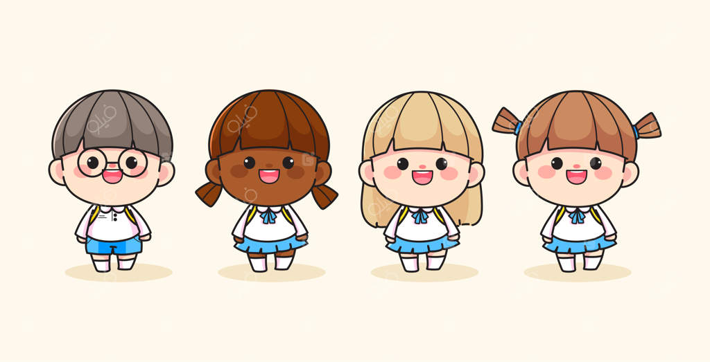 مجموعه‌ای از شخصیت‌های دانش‌آموز شاد و بامزه به سبک کارتون و طراحی دستی