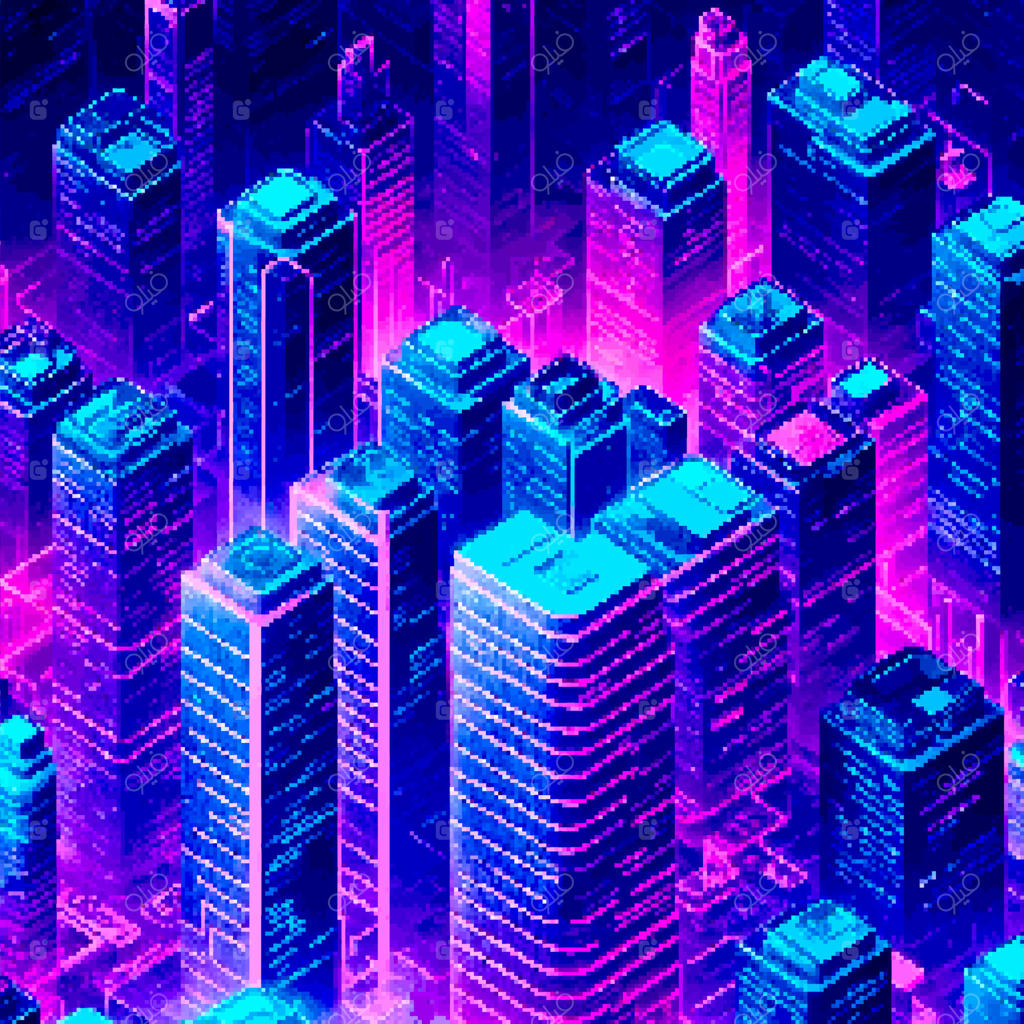 وکتور حرفه‌ای منظره شهری پیکسلی با طرح نئونی درخشان