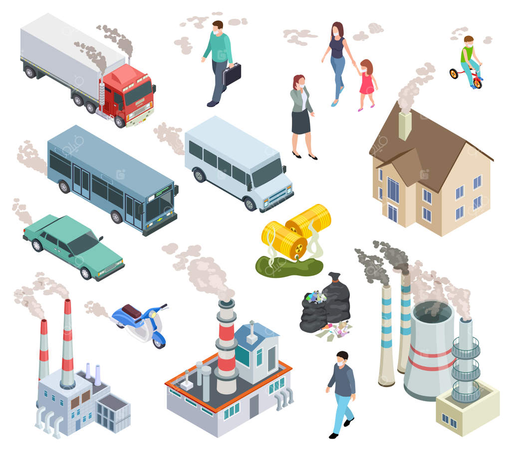 آلودگی هوا: آلودگی‌های شیمیایی، آلودگی وسایل نقلیه، آلودگی مردم، باران اسیدی، آلودگی نفتی، آلودگی‌های رادیواکتیو و گیاهی - مجموعه ایزومتریک سه‌بعدی برداری