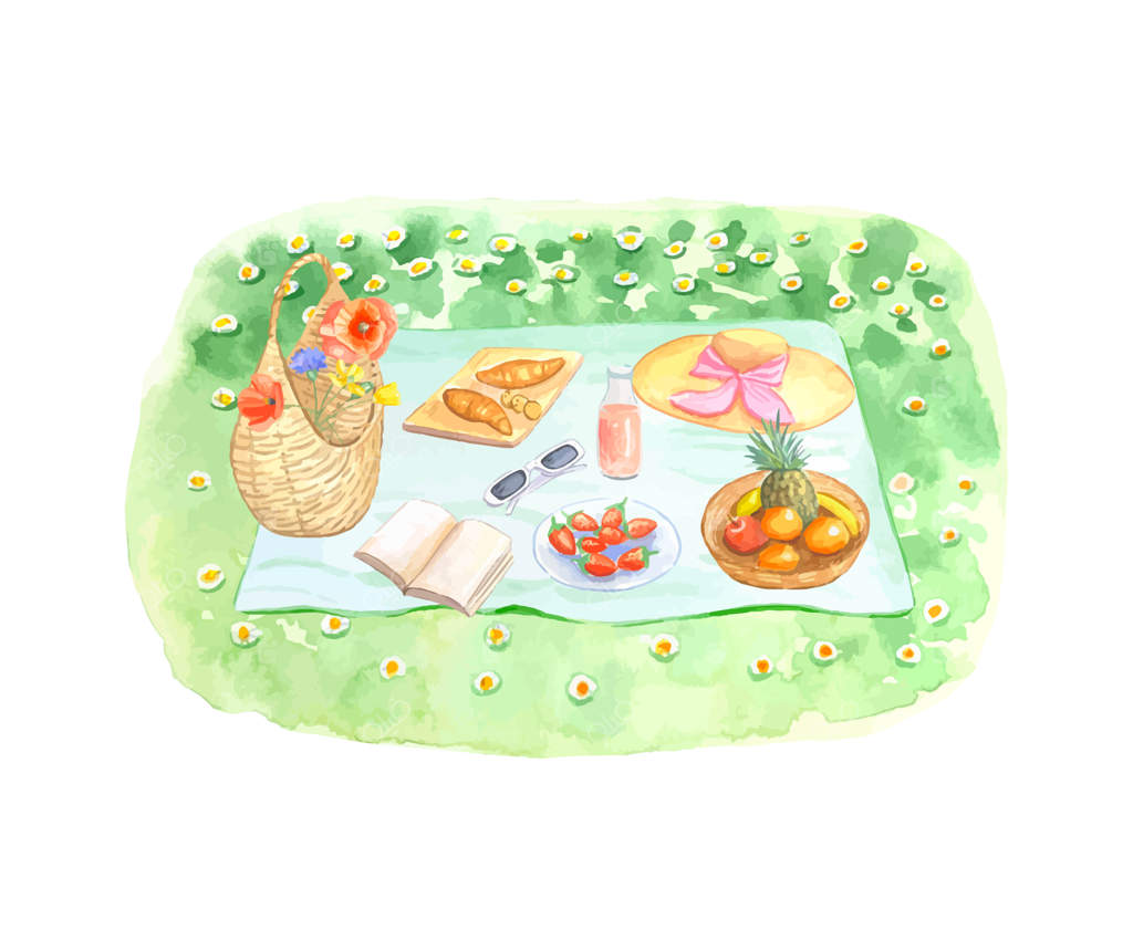 پیک نیک تابستانی در چمنزار: استراحت در طبیعت - تصویرسازی آبرنگ دستی