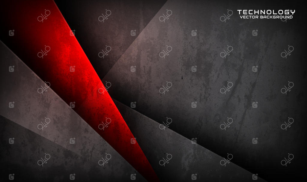 زمینه سه‌بعدی خاکستری خشن و تکنو انتزاعی با لایه‌های هم‌پوشان روی فضای تاریک و تزئینات قرمز داغ. مفهوم طراحی گرافیکی مدرن به سبک برش برای بنر، فلایر، کارت یا جلد بروشور.