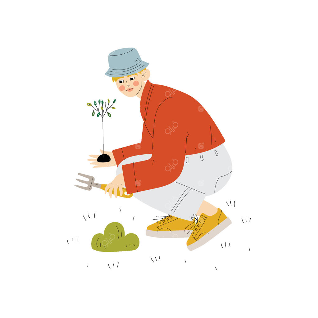 جوانی در حال کاشت نهال، تصویر مردی در حال کار در باغ یا مزرعه