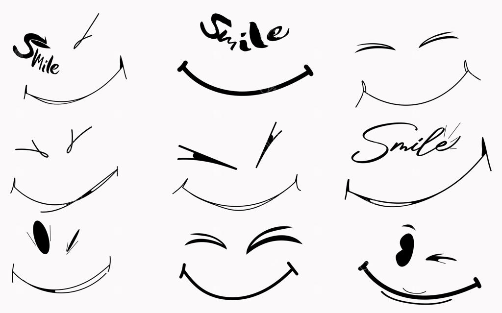 مجموعه وکتور لبخند و صورت‌های کارتونی شاد؛ طرح‌های دستی (دودل) مناسب برای طراحی لوگوی خلاقانه دندانپزشکی