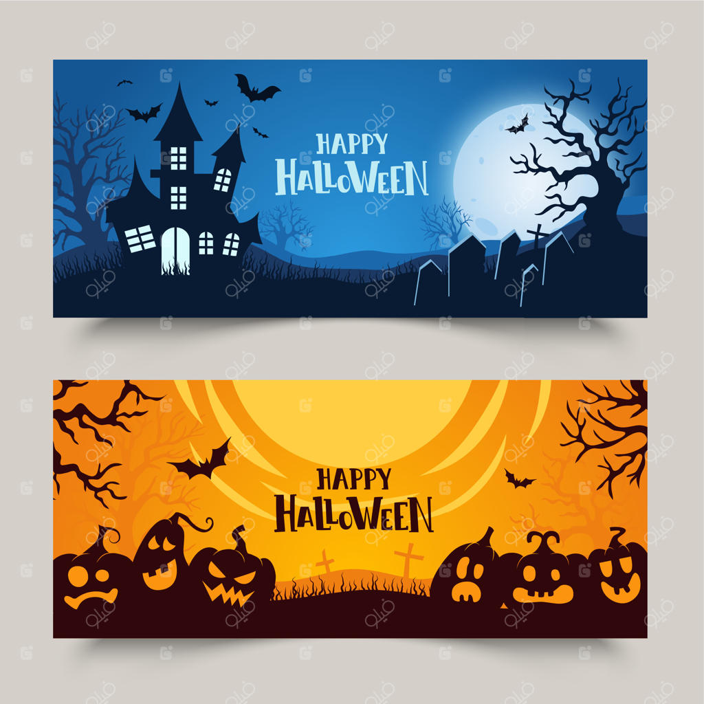 بنرهای هالووین با خانه جن‌زده، کدو تنبل، خفاش‌ها، قبرستان و درختان ترسناک