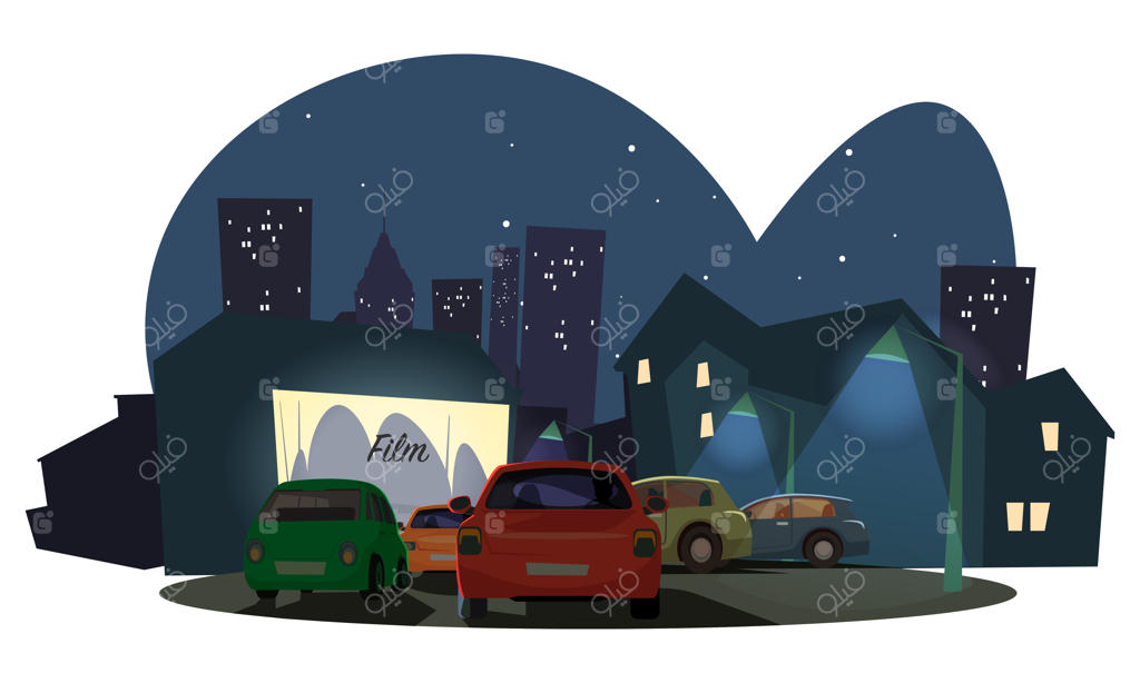 تصویر تماشای فیلم در فضای باز، سینمای ماشین‌رو با پس‌زمینه شهر مدرن.
