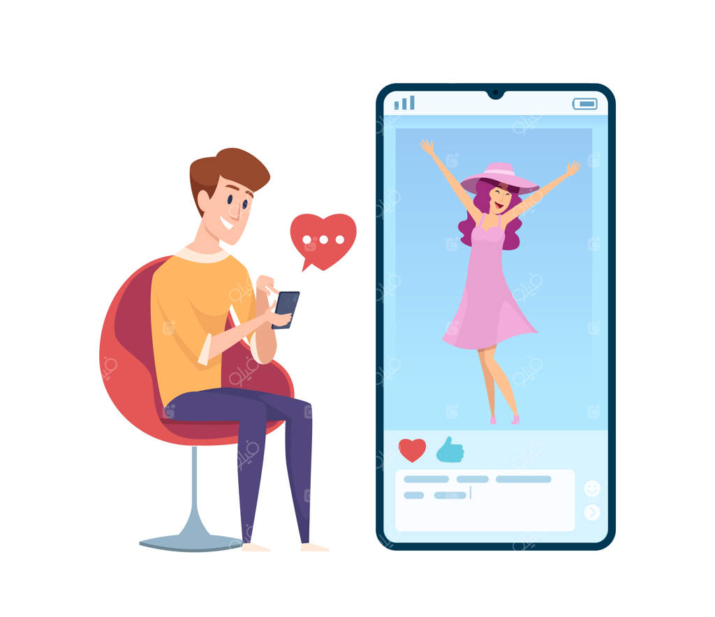 مرد پست در شبکه‌های اجتماعی را دوست دارد. چت ویدیویی، پیام دادن مرد به زن خوشحال.