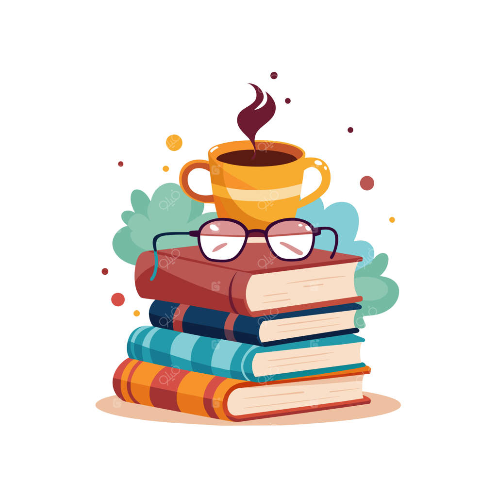 یک دسته کتاب با عینک روی آنها و یک فنجان قهوه