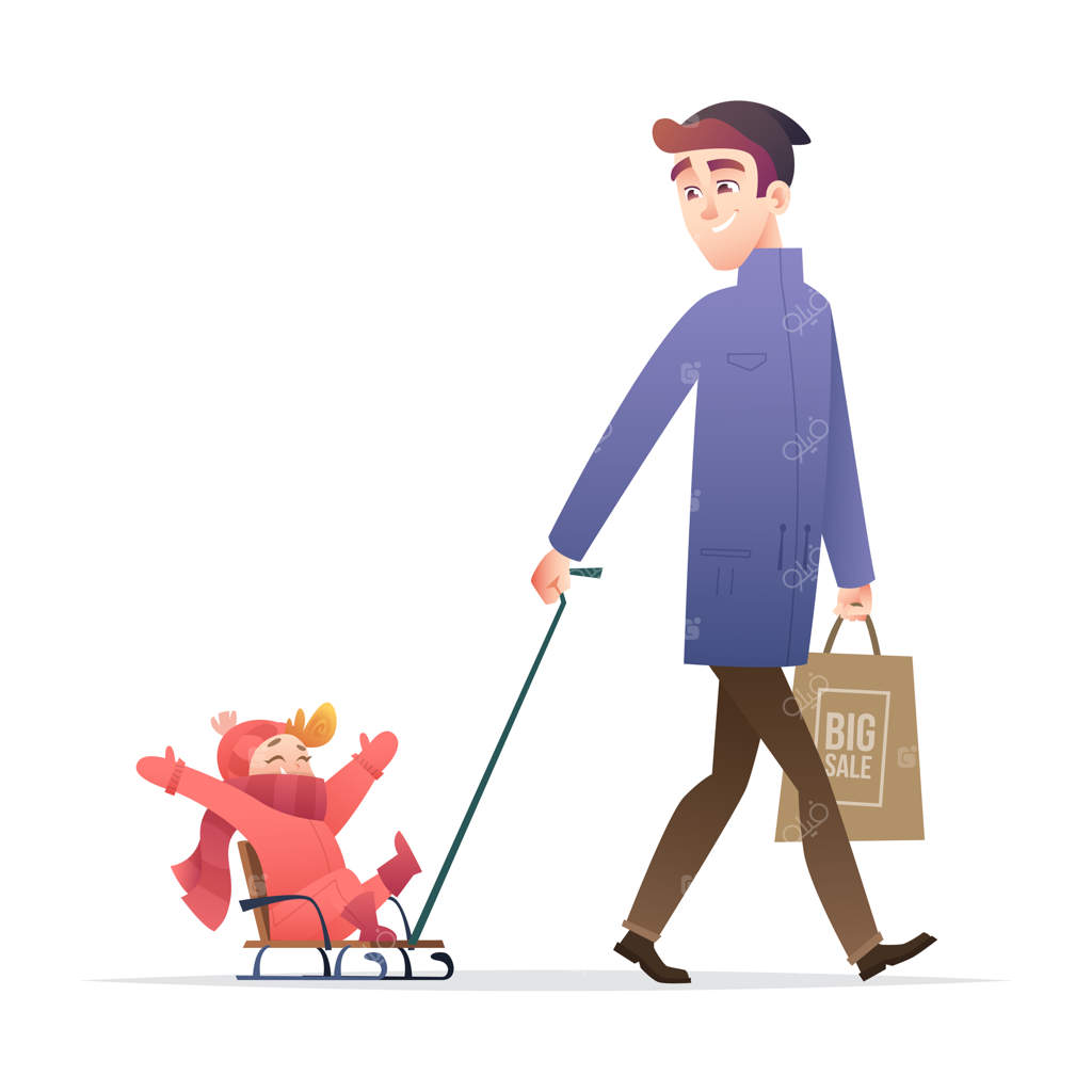 پدر در حال حمل کودک با سورتمه: بابا و بچه در تعطیلات زمستانی به‌همراه هم وقت می‌گذرانند