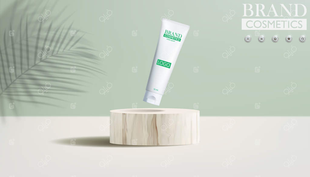 محصول آرایشی روی پایه چوبی با پس‌زمینه سبز