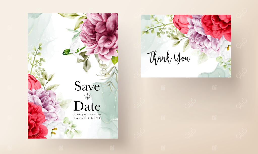 الگوی کارت دعوت زیبا با طرح گل صد تومانی آبرنگی شکوفا شده