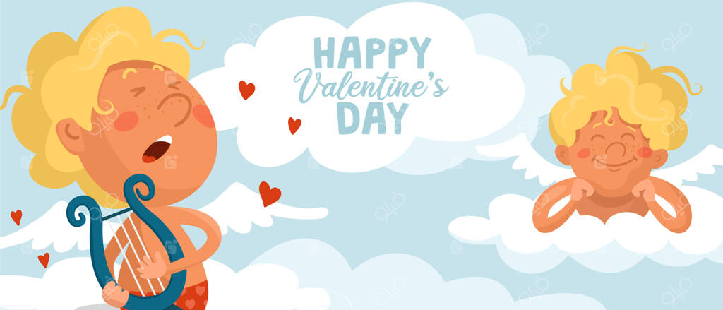 کیوپی شیطون و بامزه چنگ می‌نوازد. فرشته‌ای دیگر روی ابری آرمیده و به موسیقی گوش می‌دهد.