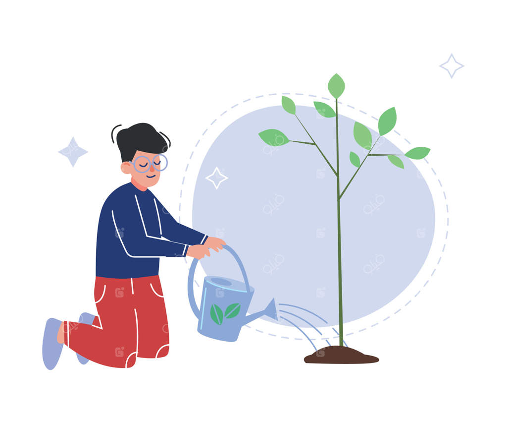 پسر نوجوان در حال کاشت و آبیاری درخت، تصویر کودک داوطلب در باغ یا پارک