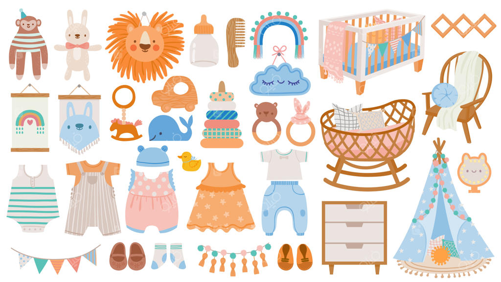 مبلمان و لباس نوزاد: عناصر اتاق کودک، اسباب‌بازی حیوانات، دکوراسیون، گهواره‌ها، جغجغه‌ها و لوازم نوزاد به سبک اسکاندیناوی. تصویرسازی لباس سرهمی و بادی نوزاد، پوشاک اتاق کودک به سبک اسکاندیناوی.