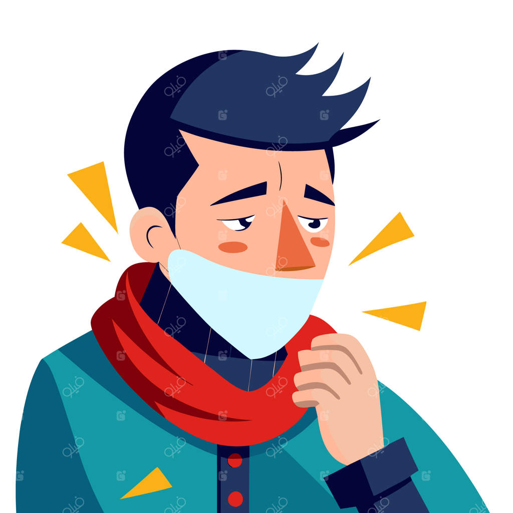 تصویر گرافیکی از مردی که تب و سرماخوردگی دارد و عطسه می‌کند