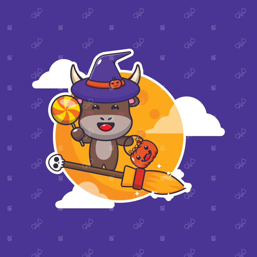 گاو جادوگر سوار بر جارو در شب هالووین. تصویرسازی کارتونی بامزه هالووین.