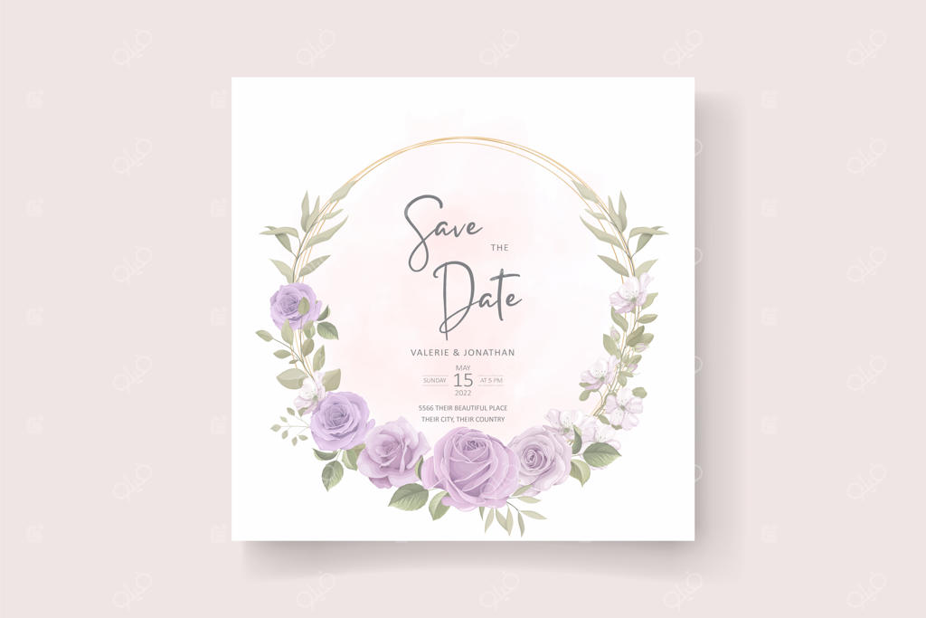 طراحی کارت دعوت عروسی با طرح گل‌های نرم و برگ‌ها