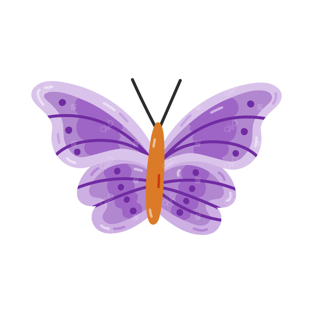پروانه کارتونی بامزه با بال‌های بنفش. حشره گرمسیری و باغی. نماد مد روز Y2K، دهه ۹۰ و ۲۰۰۰. پروانه ساده و دست‌کشیده روی زمینه سفید. حس نوستالژی برای زیبایی‌شناسی دهه ۹۰ میلادی.