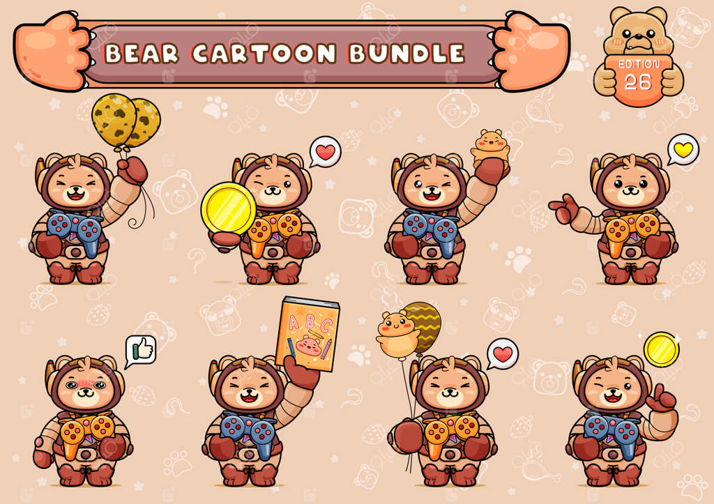 مجموعه ای از تصاویر خرس بامزه در لباس فضانوردی با کنترلر بازی و اشیای دیگر