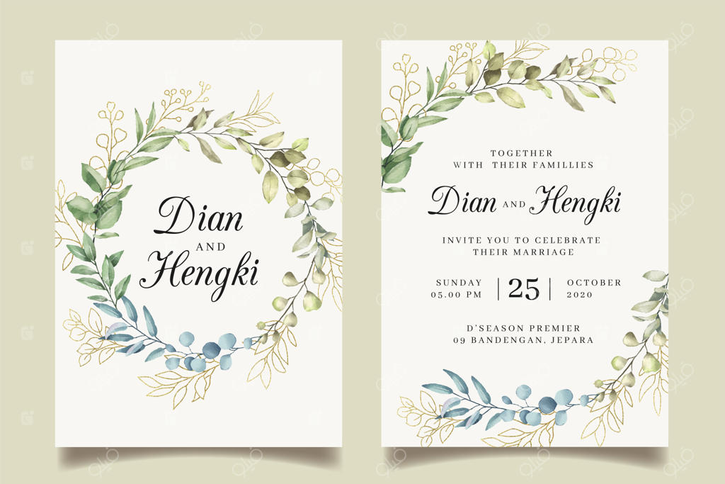 کارت عروسی طلایی با طرح برگ‌های دایره‌ای شیک