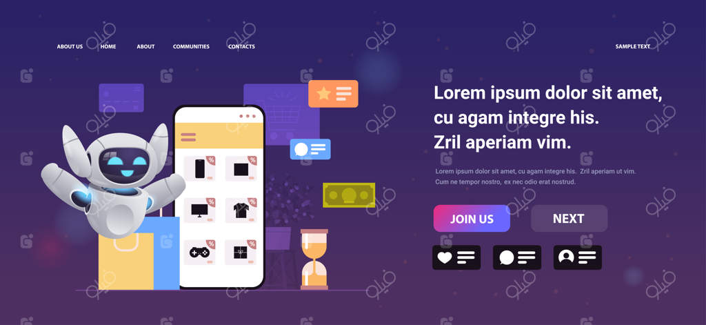 ربات مدرن انتخاب آیتم‌ها در صفحه نمایش گوشی هوشمند: مفهوم خرید آنلاین و بازاریابی دیجیتال در تجارت الکترونیک