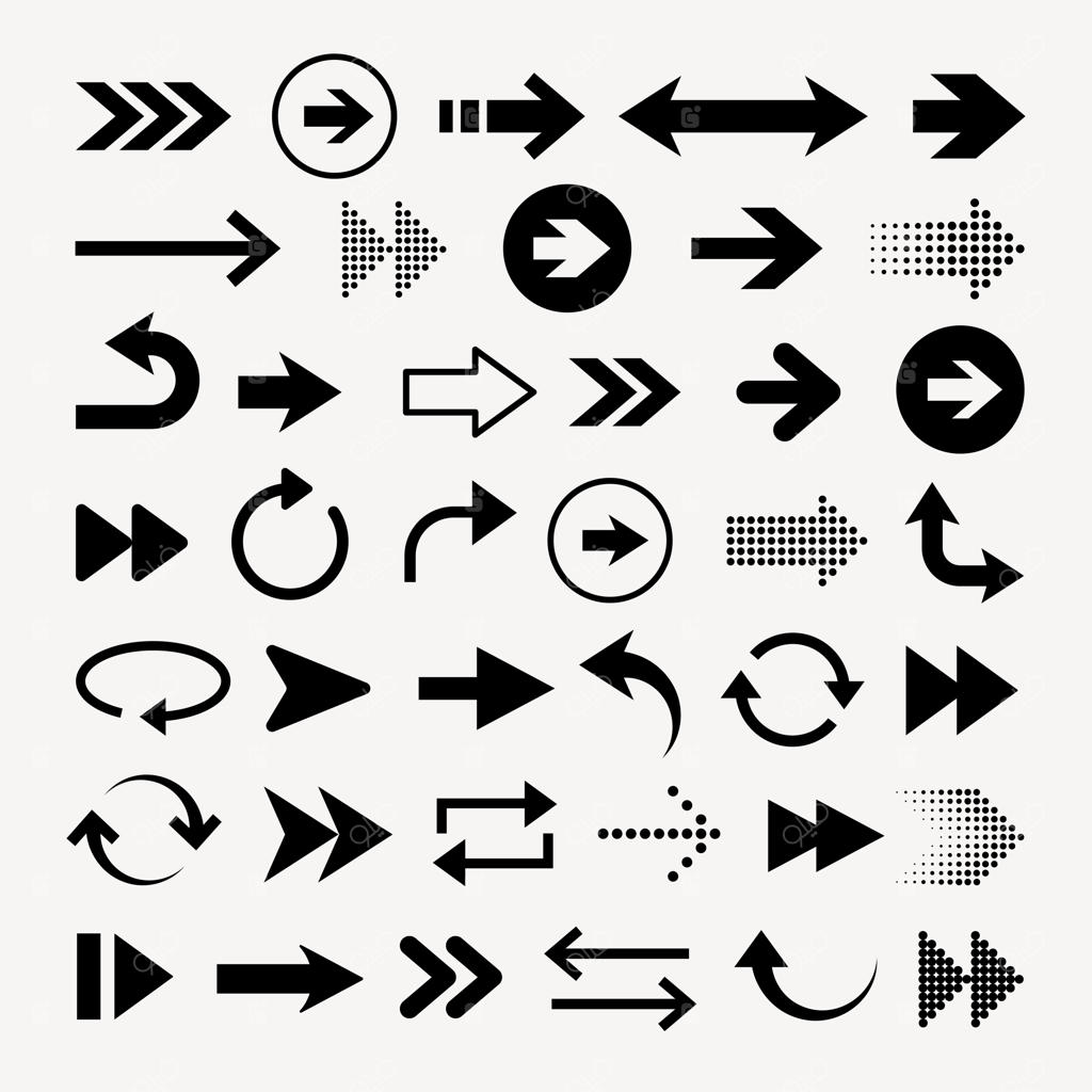 مجموعه وکتور آیکون‌های فلش سیاه در سبک‌ها و جهت‌های مختلف؛ شامل فلش‌های صاف، خمیده و نقطه‌چین با چیدمان شبکه‌ای