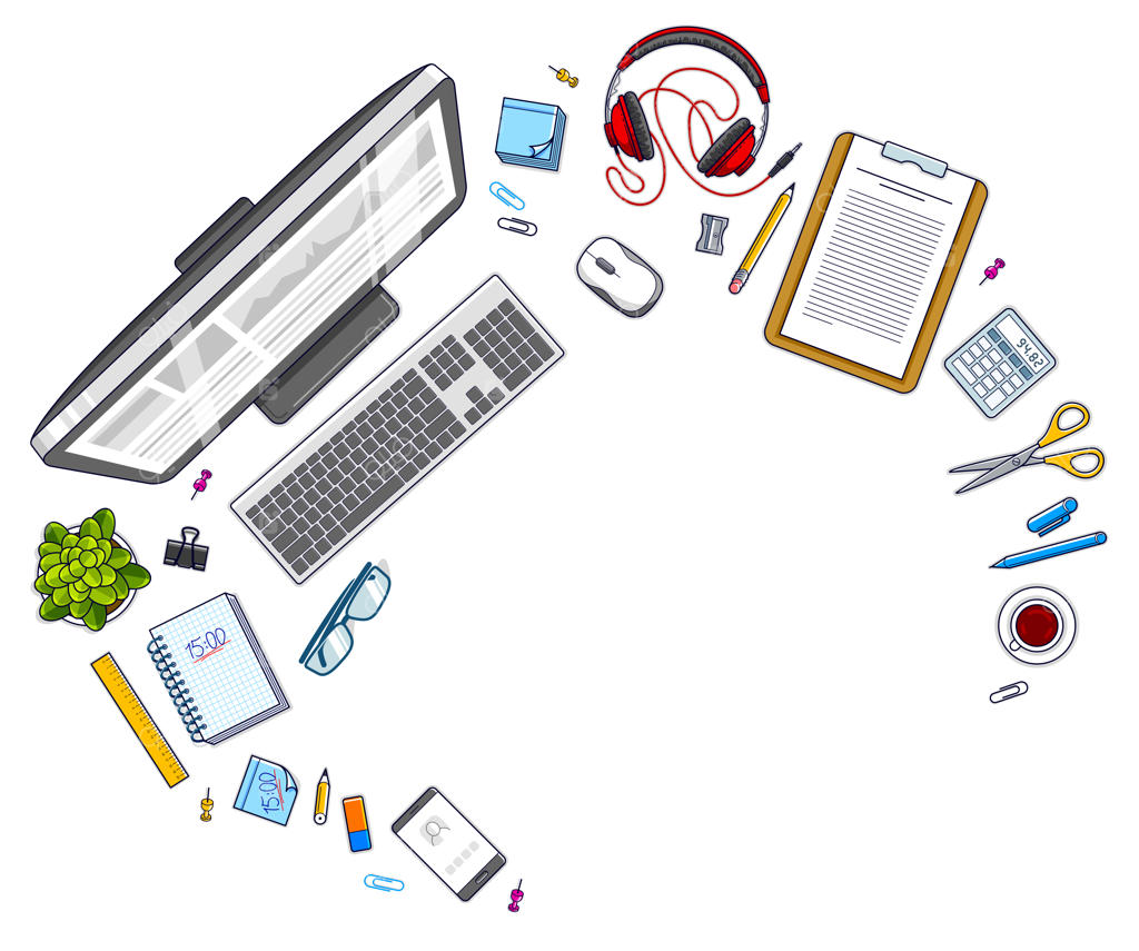 نمای بالای میز کار: کامپیوتر، لوازم‌التحریر متنوع و فضای خالی برای متن. عناصر به‌راحتی قابل استفاده و ترکیب. وکتور.