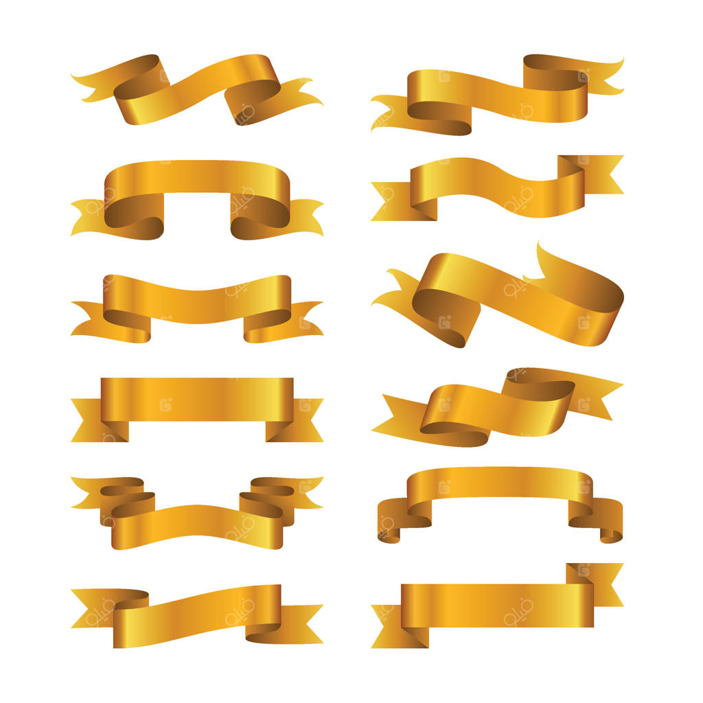 مجموعه بنر روبان طلایی. پرچم طلایی لوکس و براق برای متن‌های تبریک و تزئین. تبلیغات ویژه. تصویرسازی.