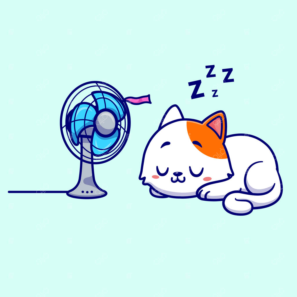 آیکون وکتور کارتونی گربه بامزه خوابیده با پنکه - مفهوم آیکون تکنولوژی حیوانات، جدا شده