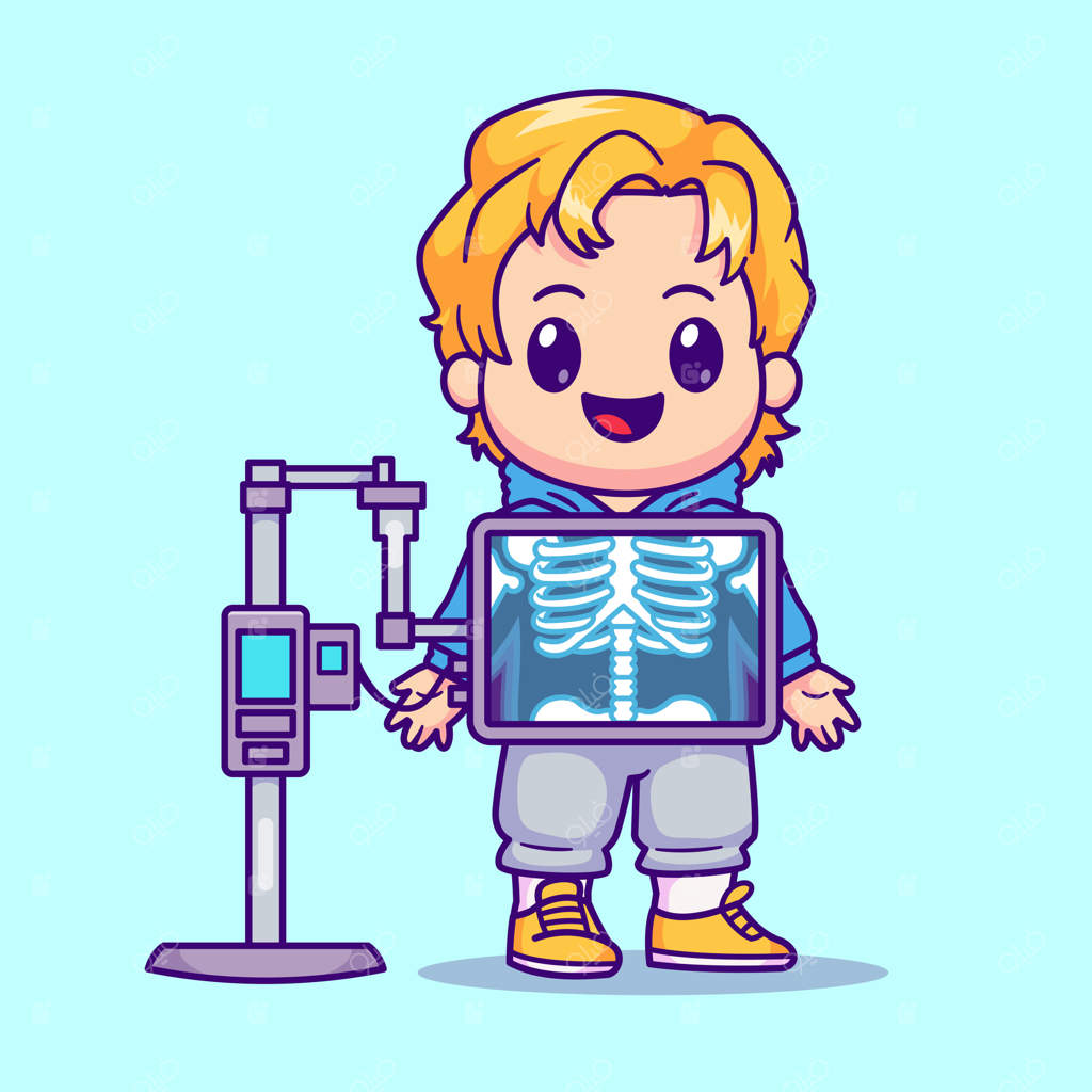 ایکن وکتور کارتونی استخوان بدن با تصویر کودک بامزه رادیولوژی. ایکن مسطح پزشکی افراد