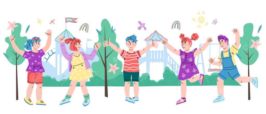 کودکان شاد در زمین بازی با لبخند ایستاده‌اند - تصویر برداری مسطح، ایزوله شده