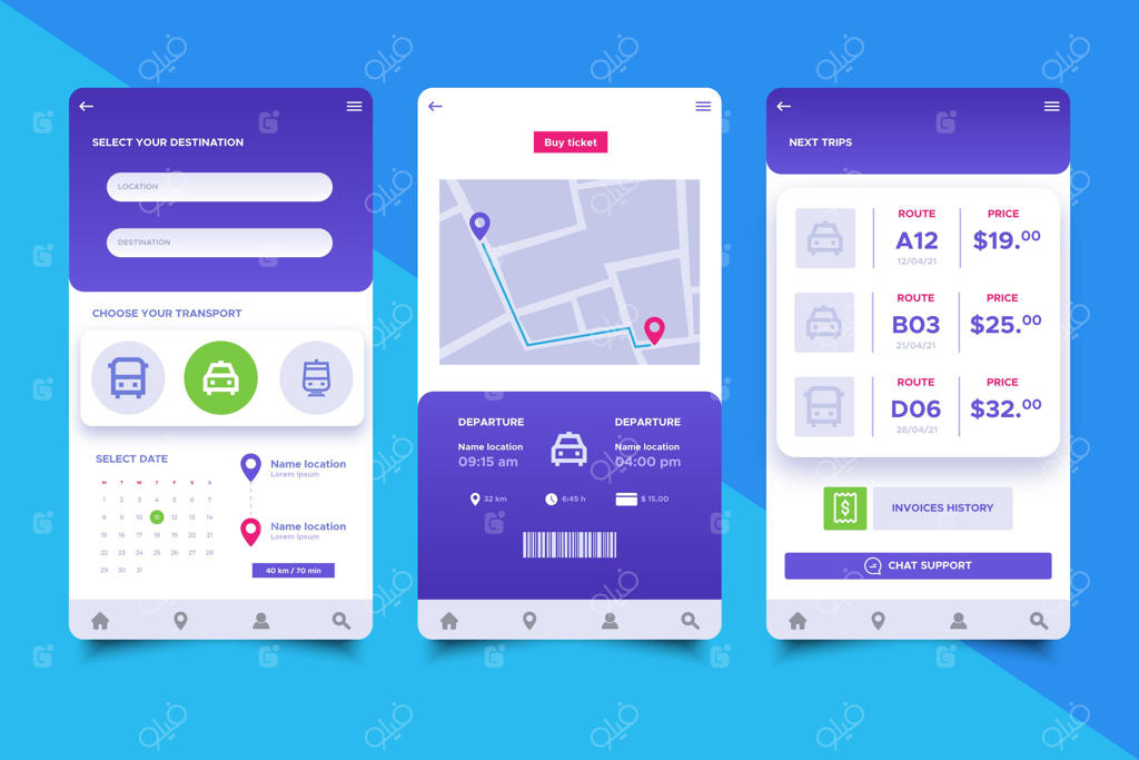 مجموعه صفحات اپلیکیشن حمل و نقل عمومی