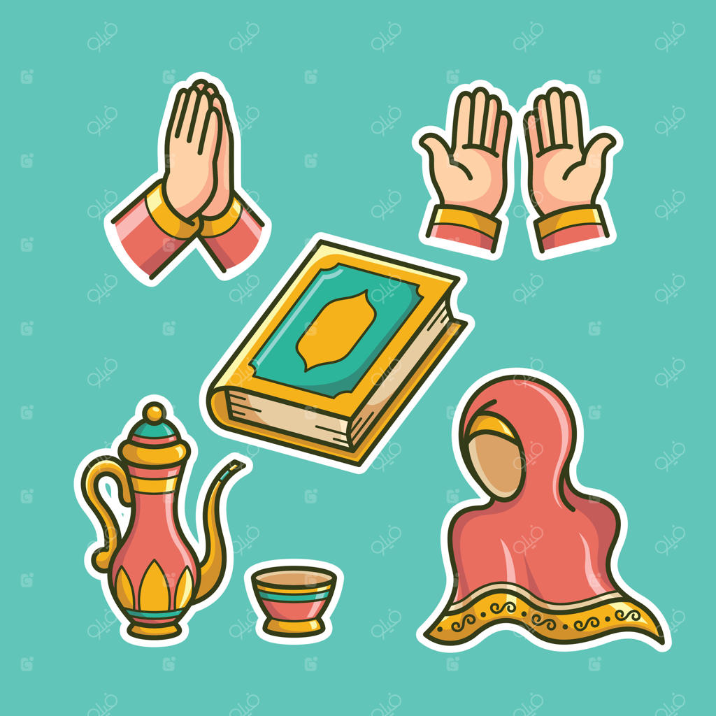 مجموعه نمادهای اسلامی به همراه کتاب، دستان در حال دعا و فنجان