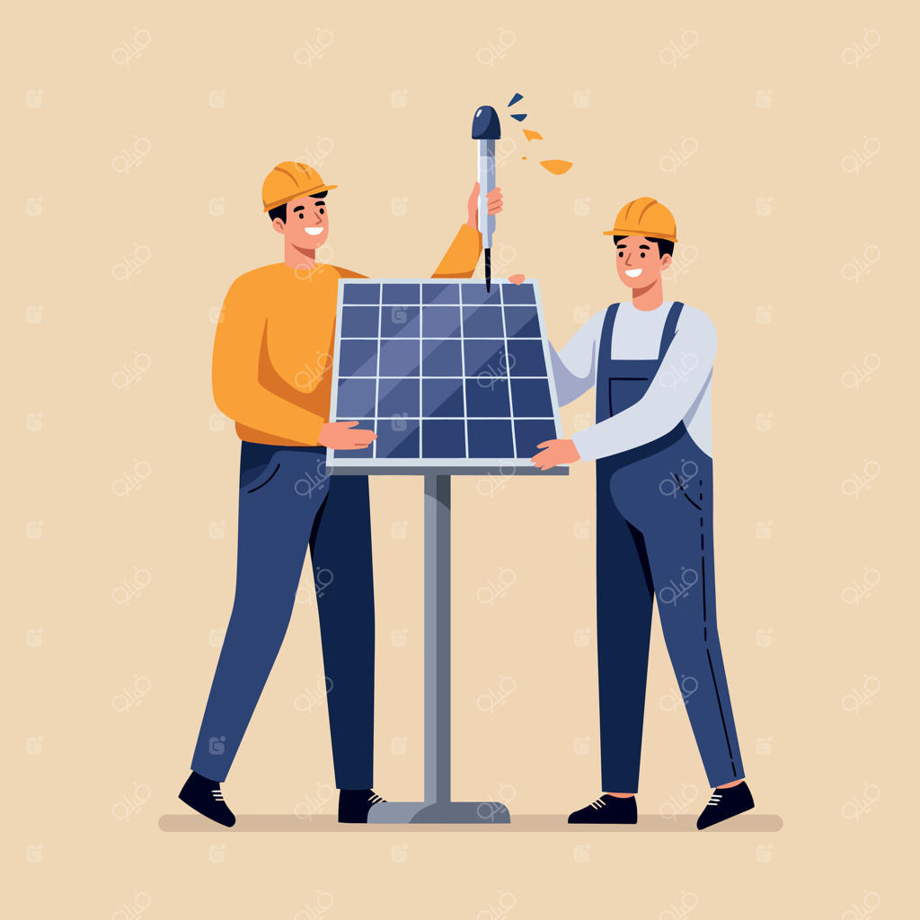 نصب فناوری پنل خورشیدی توسط دو کارگر برای تولید انرژی پاک و راهکارهای پایدار - تصویر سازی