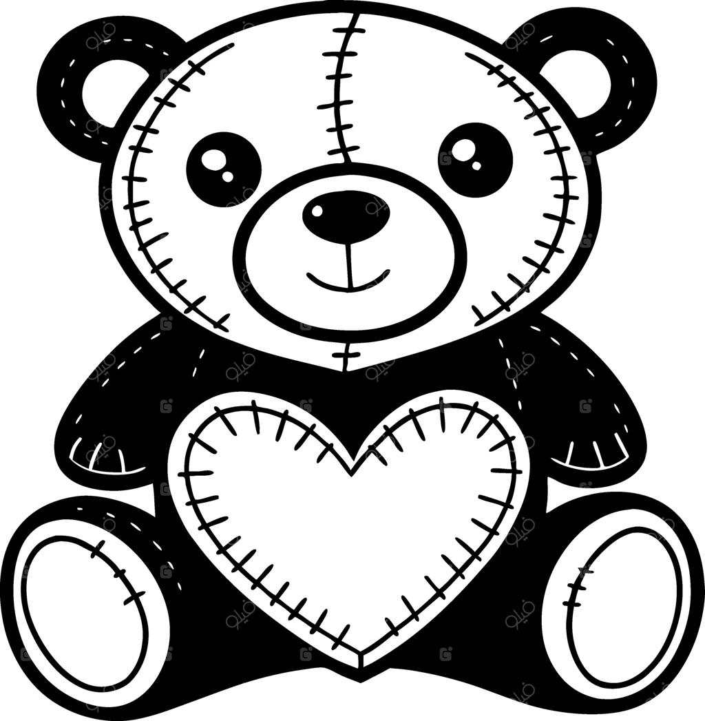 خرس عروسکی بامزه با طرح قلب کوک‌دوزی شده، مناسب برای کتاب‌های رنگ‌آمیزی و کاردستی