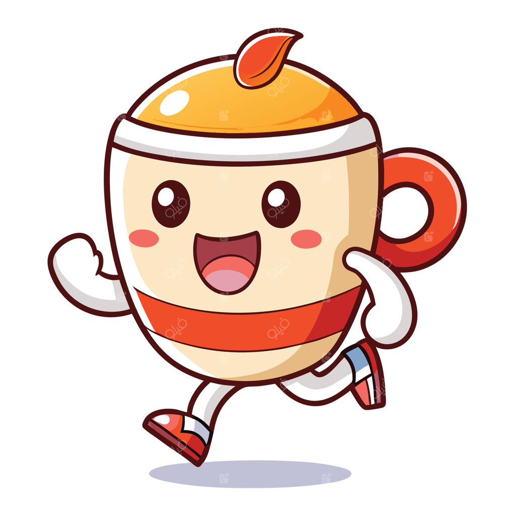 فنجان قهوه کارتونی در حال دویدن با لبخند