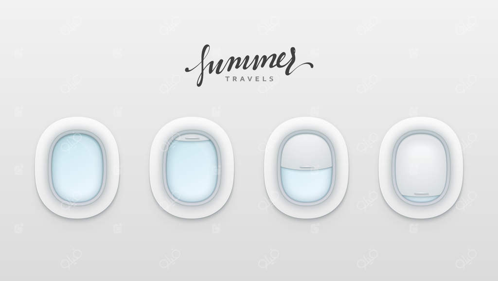 بنرهای طراحی سفرهای تابستانی: پنجره‌های واقعی هواپیما. تصویرسازی برداری پنجره‌های سفید هواپیما.